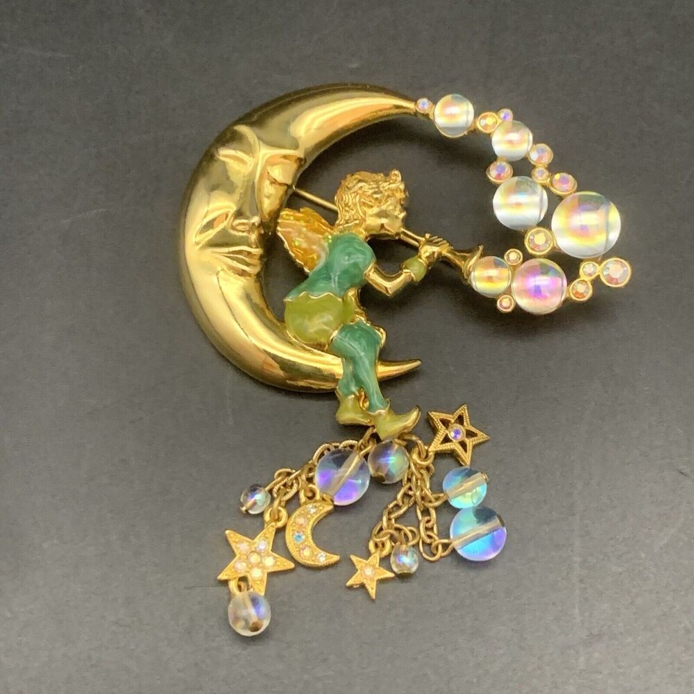 Vintage Kirks Folly Pipedream Fairy Moon Bubbles Charm Rhinestone Pin Brooch